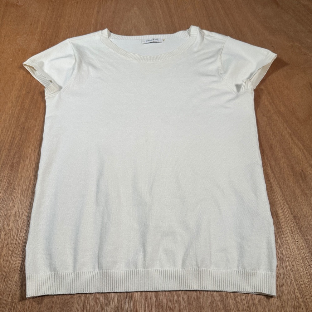 Calvin Klein Sweater Top Women Medium White Silk Blend Short Sleeve